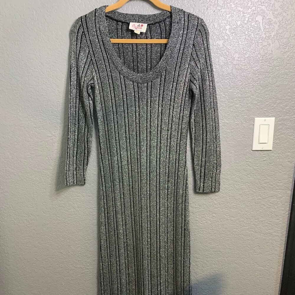 Vintage 1970s Caron Chicago Silver and Black Metallic Lurex Maxi Dress EUC